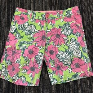 Lilly Pulitzer Cotton Blend Green Pink Butterfly Bermuda Shorts‎ sz 2